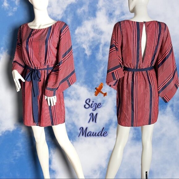 MAUDE Anthropologie Bell Sleeve Striped babydoll Mini Dress Orange & Navy Medium - Picture 1 of 15